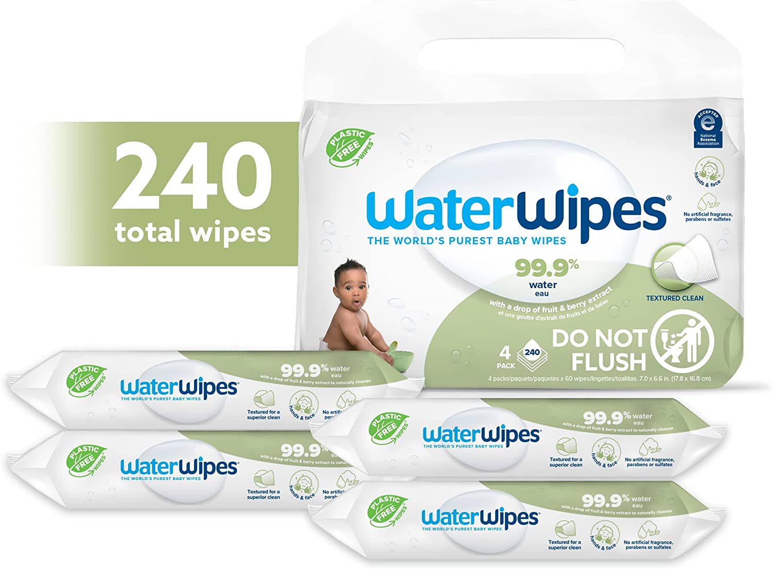 WaterWipes Plastic-Free Textured Clean, Toddler & Baby Wipes, 99.9% Water Based Wipes, Unscented & Hypoallergenic for Sensitive Skin, 240 Count (4 packs), Packaging May Vary - Image 2